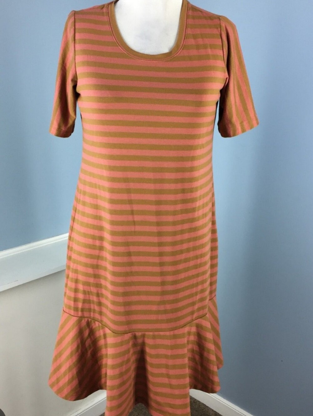 LOGO by Lori Goldstein Pink Brown Striped Ruffle-Hem Mini Dress Size Medium
